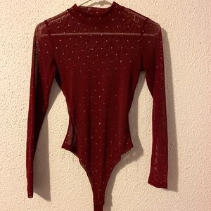 SOLD // Sheer maroon bodysuit + sparkle detail